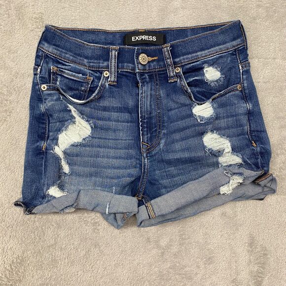 Express Shorts Womens 2 Blue Zip Fly Denim Jean Cut Off High Rise Booty Ripped - Picture 1 of 9